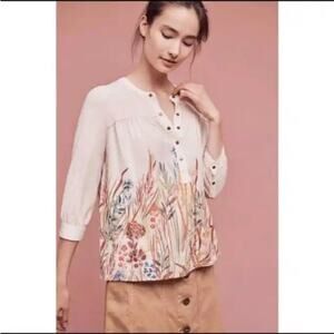 Anthropologie Postmark Cappadocia Henley Top Snap Cream/Green Tunic
